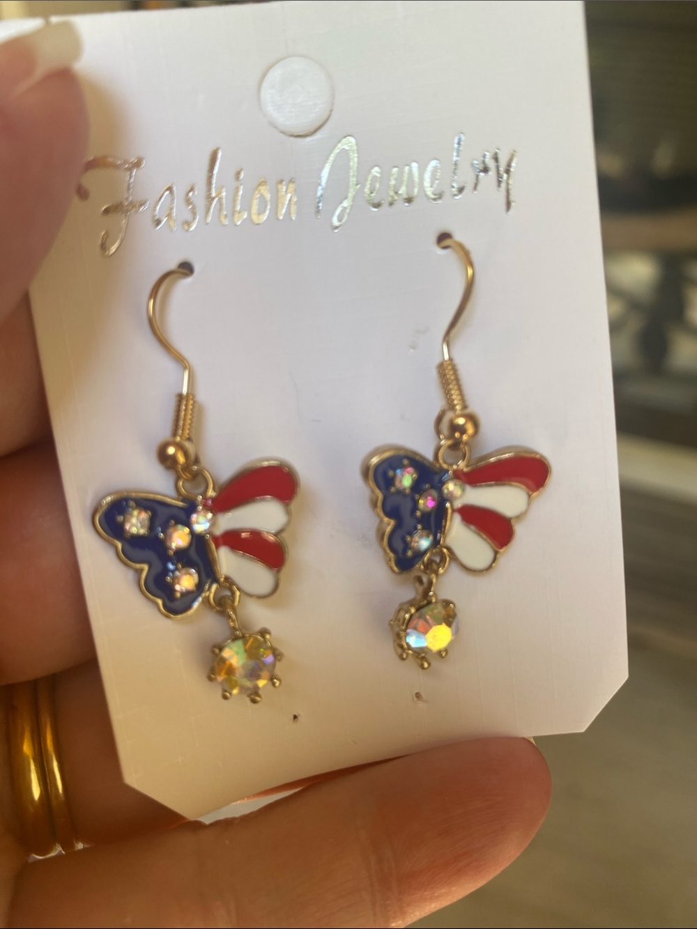 Fashion Jewelry Red, White & Blue Butterfly Dangle Earrings with Crystal Drop